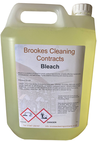 Bleach in 5 ltr bottles available from Brookes Cleaning Contracts.