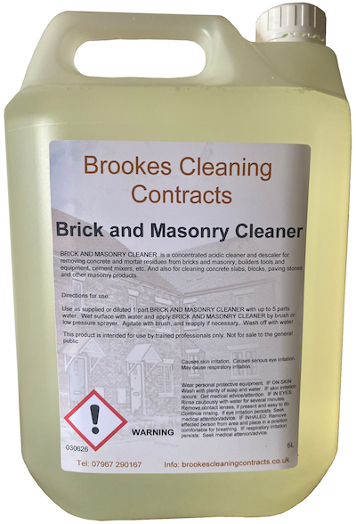 Brick cleaner in 5 ltr bottles available from Brookes Cleaning Contracts.
