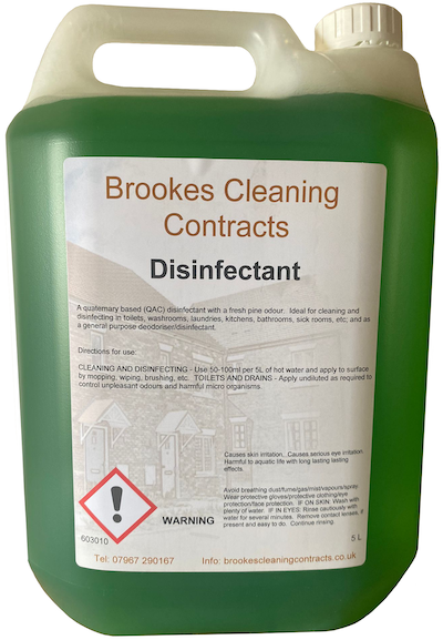 Disinfectant in 5 ltr bottles available from Brookes Cleaning Contracts.